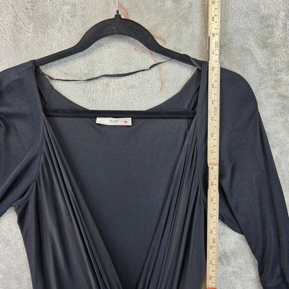 VTG Prada Dress Womens 44 Black Viscose Italian Designer Ruched Midi Made Italy - Picture 11 of 16